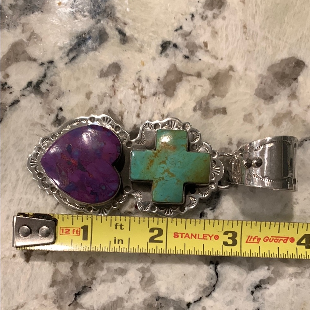 SOLD Navajo Dan Dodson Sterling Silver Turquoise Spiny Pendant Heart Cross Big - Picture 8 of 9